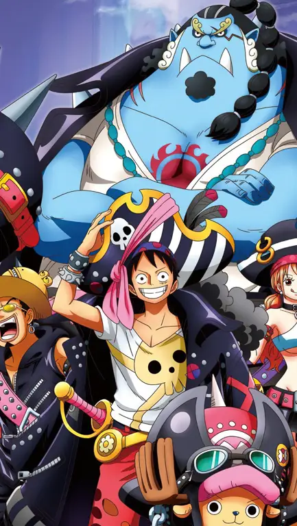 Ilustrasi karakter-karakter One Piece seperti Luffy, Zoro, Nami, dan Usopp