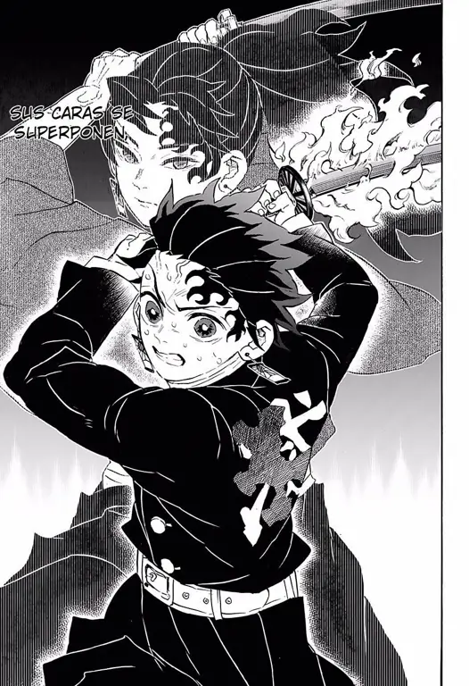 Panel manga Kimetsu no Yaiba yang penuh aksi