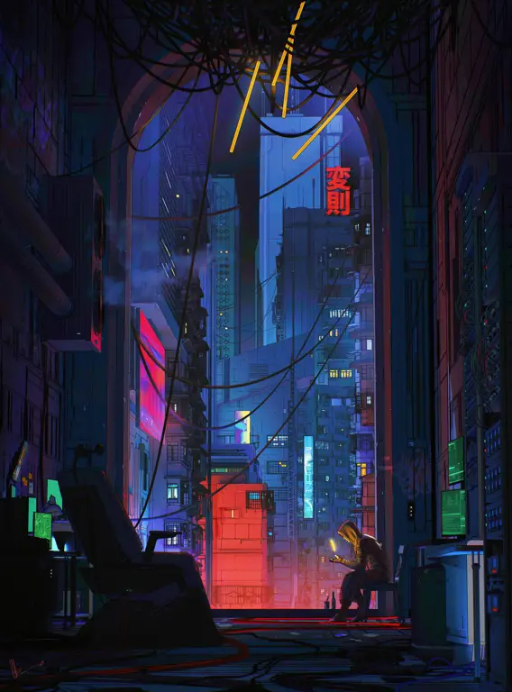 Pemandangan kota cyberpunk di anime