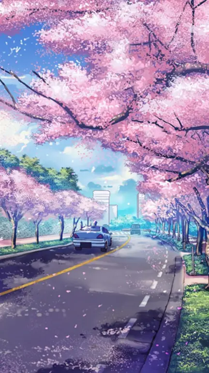 Gambar pemandangan anime dengan bunga sakura