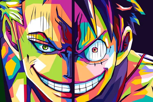 Ilustrasi Luffy dan Zoro dengan warna yang cerah