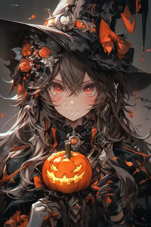 Gambar ilustrasi manga bertema Halloween dengan labu