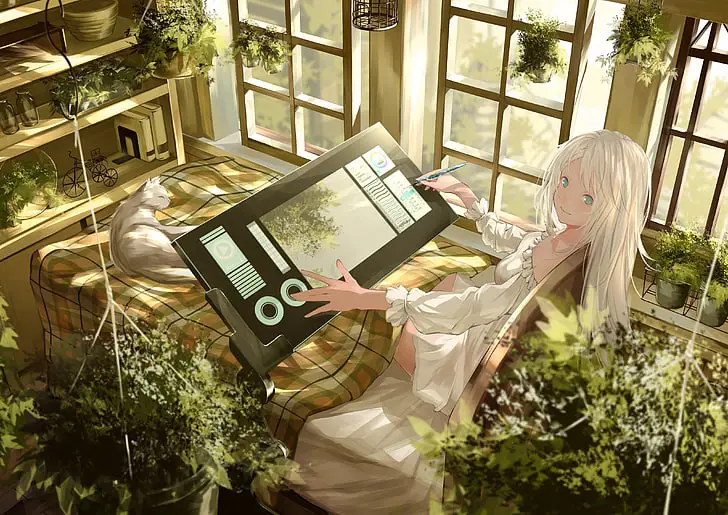 Ilustrasi menonton anime di aplikasi Karakter anime menonton anime di tablet