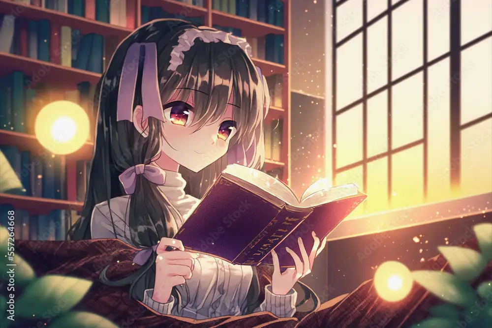 Gambar seorang gadis anime sedang membaca buku