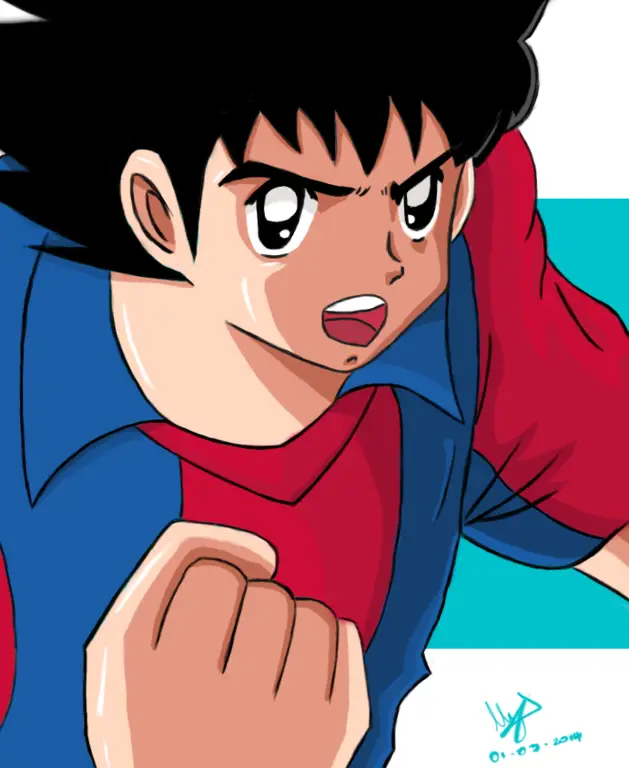 Ilustrasi karakter-karakter utama Captain Tsubasa seperti Tsubasa, Genzo, dan Kojiro.