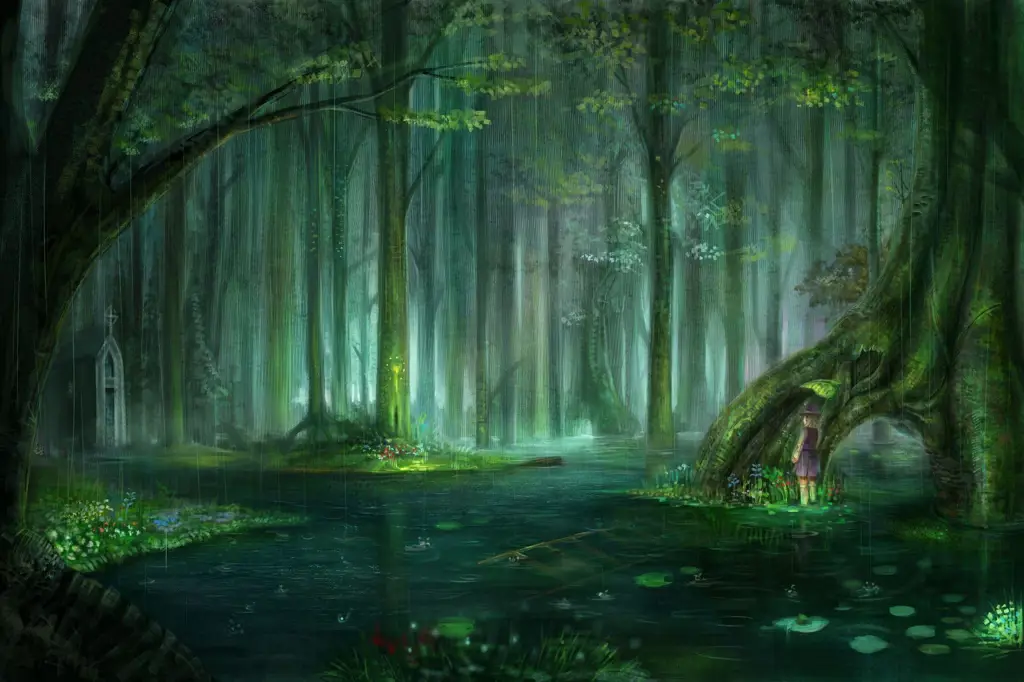 Ilustrasi pemandangan alam yang indah dalam gaya anime Gambar pemandangan alam anime