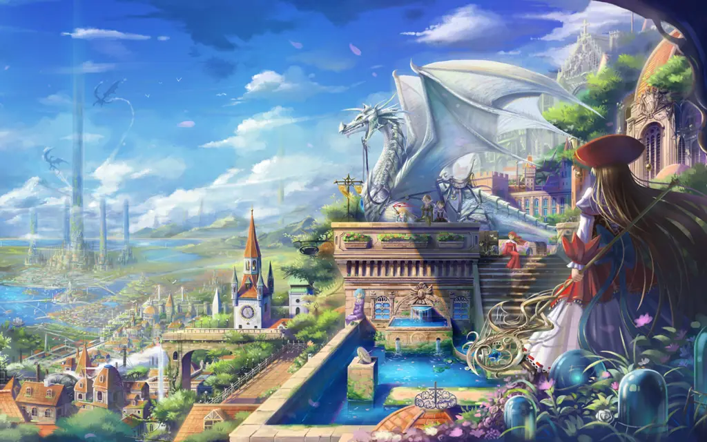 Ilustrasi pemandangan dalam anime fantasi dengan unsur sihir Pemandangan anime fantasi