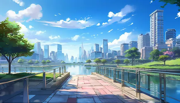 Ilustrasi pemandangan malam kota yang indah dalam gaya anime Pemandangan malam kota anime
