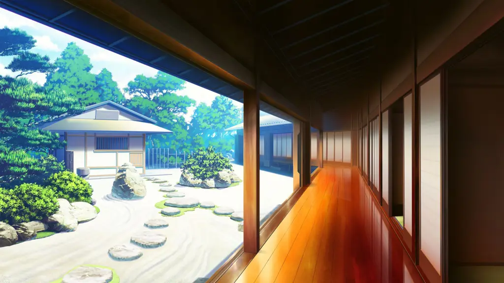 Ilustrasi pemandangan rumah Jepang dalam anime