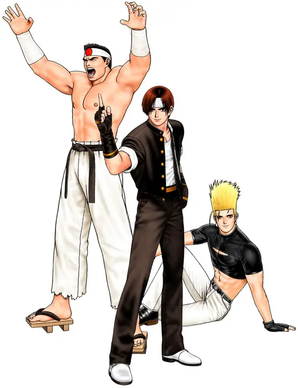 Karakter-karakter King of Fighters sedang bertarung dalam sebuah ilustrasi yang penuh aksi.