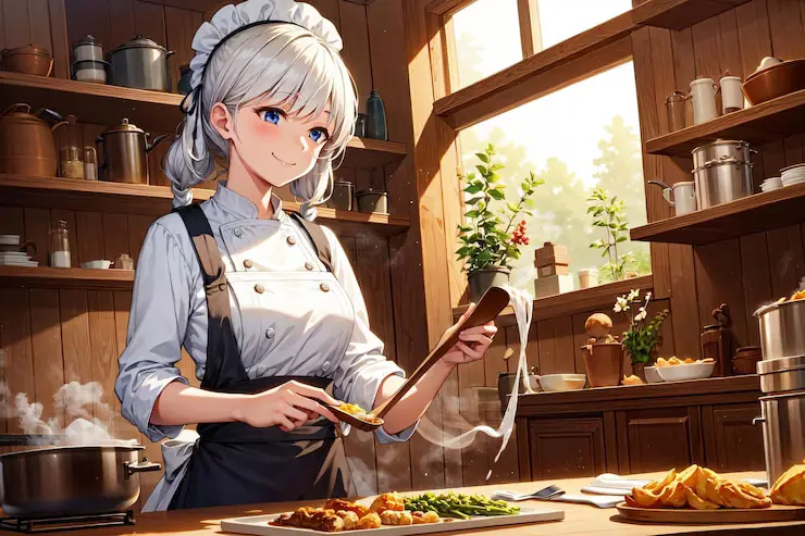 Gambar seorang gadis anime Jepang sedang memasak di dapur