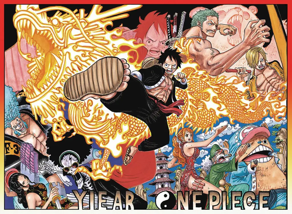 Perbandingan panel manga One Piece berwarna dan hitam putih