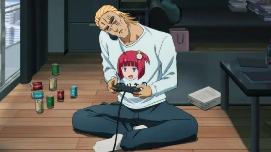 Ilustrasi yang menunjukkan karakter Akari dan Yamada bermain game Ilustrasi karakter anime bermain video game
