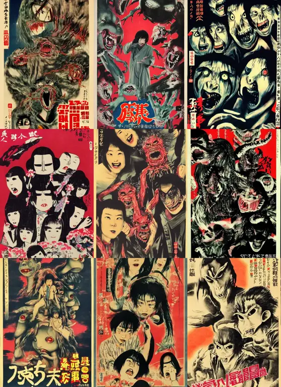 Poster film horor Jepang dengan nuansa gelap dan menyeramkan.