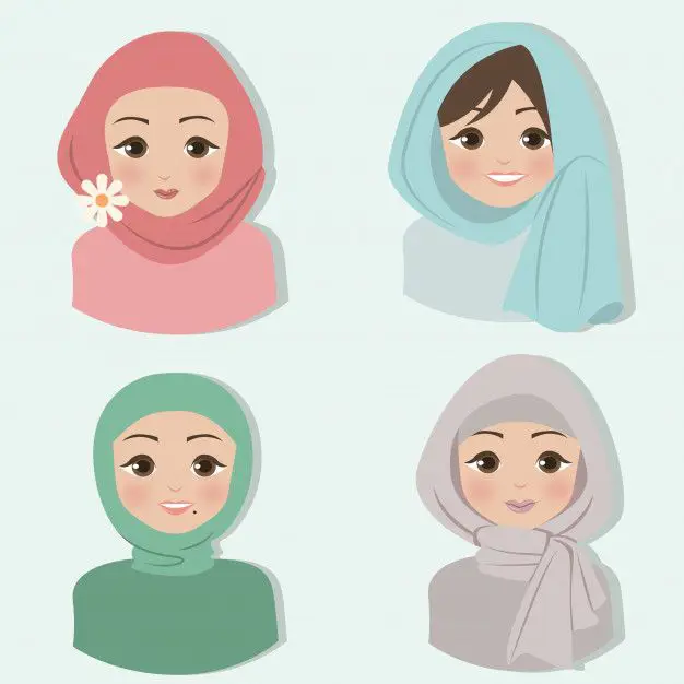 Contoh desain karakter anime yang mengenakan hijab dengan berbagai gaya dan ekspresi