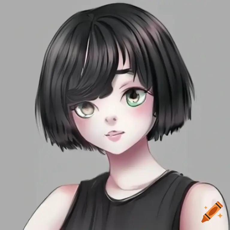 Contoh desain karakter anime dengan rambut pendek hitam yang stylish