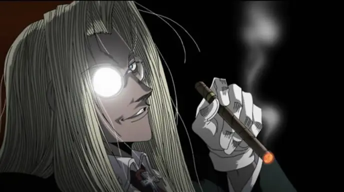 Integra Hellsing sedang bertarung dengan pistol