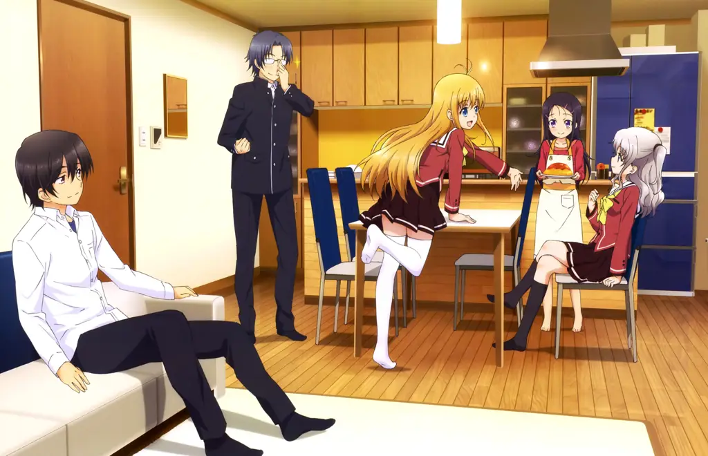 Interaksi antar karakter yang dinamis dan menghibur Gambar karakter-karakter anime berinteraksi