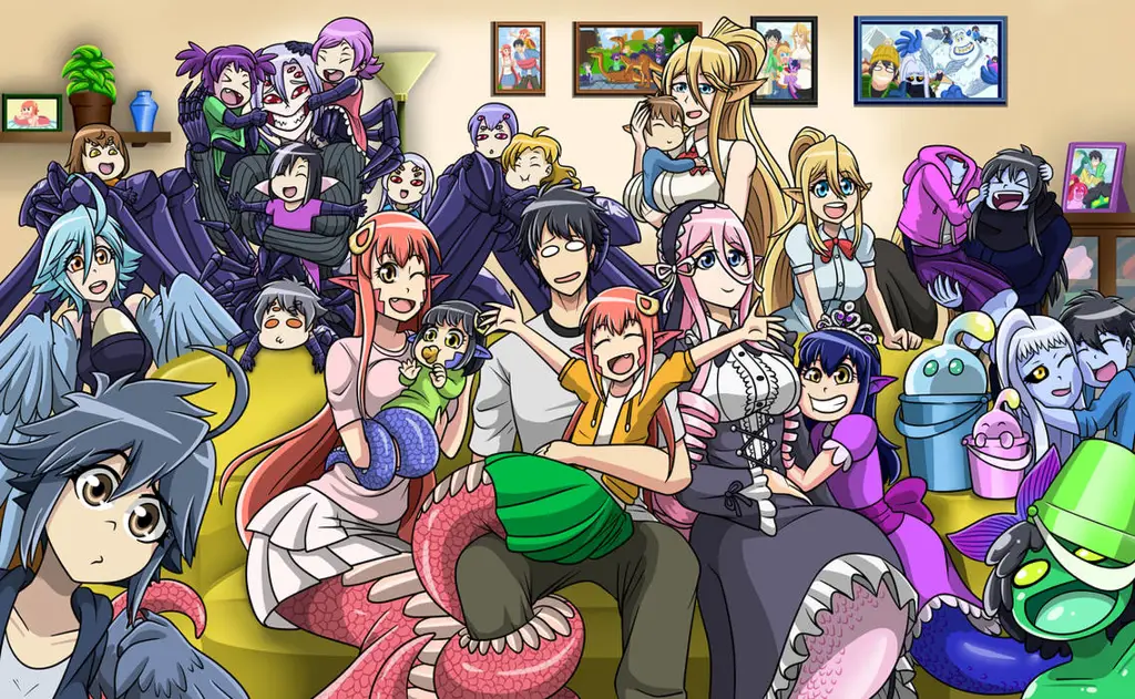 Kimihito bersama para monster gadisnya.