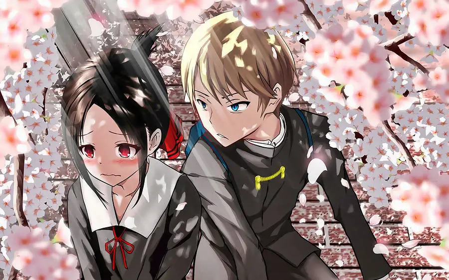 Kaguya dan Miyuki dalam momen manis Gambar Kaguya Shinomiya dan Miyuki Shirogane sedang berinteraksi