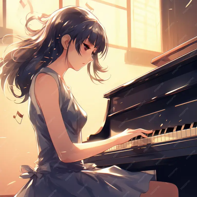 Dua karakter anime sedang memainkan piano bersama.