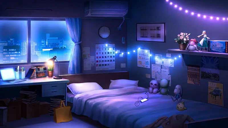 Suasana kamar yang estetis dengan poster anime 4K sebagai dekorasi utama