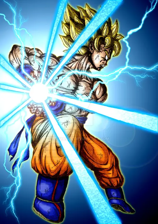 Gambar Goku kecil menggunakan Kamehameha