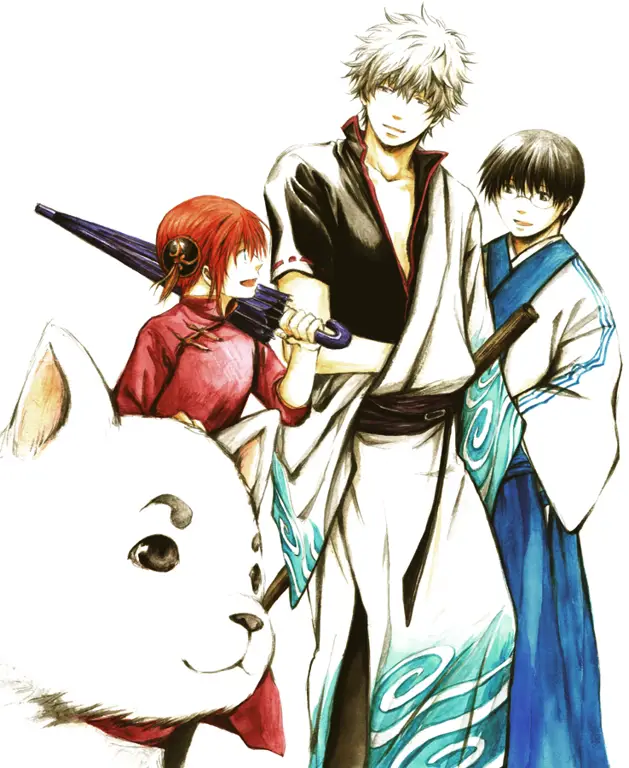 Gambar Gintoki, Kagura, dan Shinpachi di kantor Yorozuya