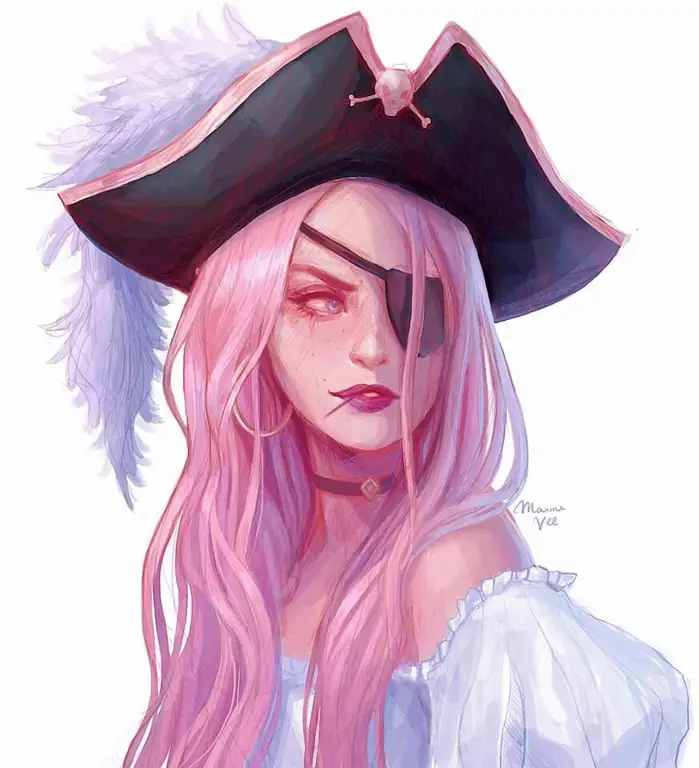 Kapten Bajak Laut Wanita yang Tangguh Ilustrasi seorang kapten bajak laut wanita dalam anime