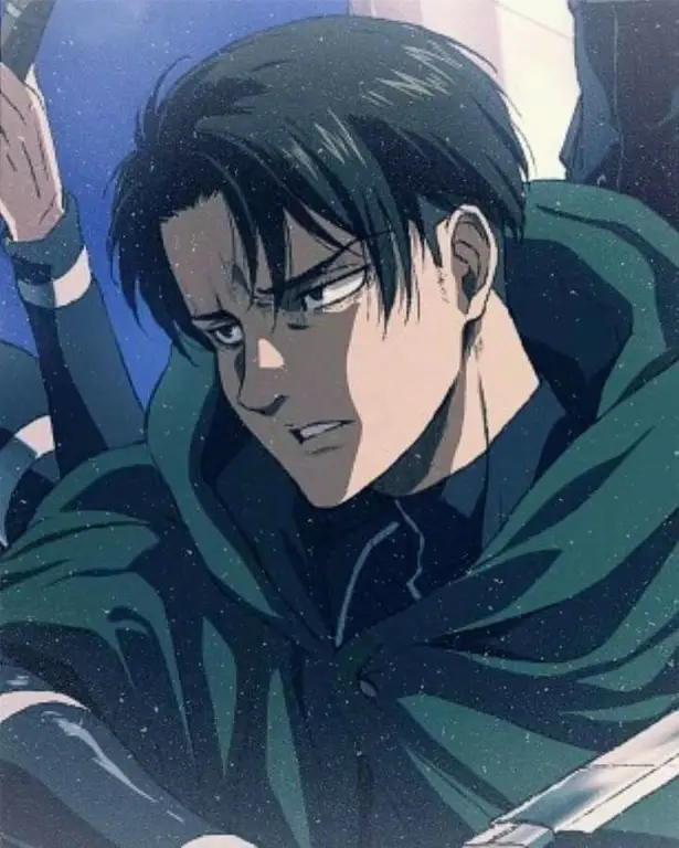 Gambar Levi Ackerman dalam aksi melawan Titan.