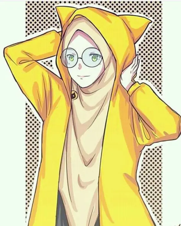 Ilustrasi anime perempuan berhijab dengan ekspresi wajah yang lembut.