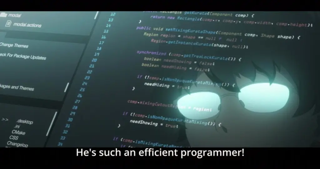Gambar karakter anime sedang memprogram kode