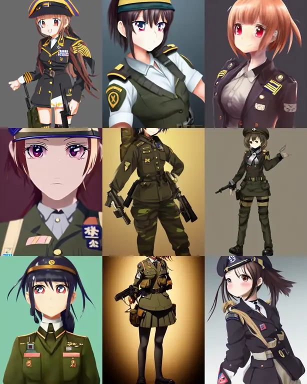 Ilustrasi karakter anime mengenakan seragam militer