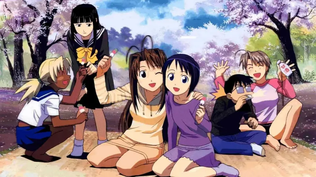 Sebuah gambar yang menampilkan sekelompok karakter anime harem yang bahagia bersama