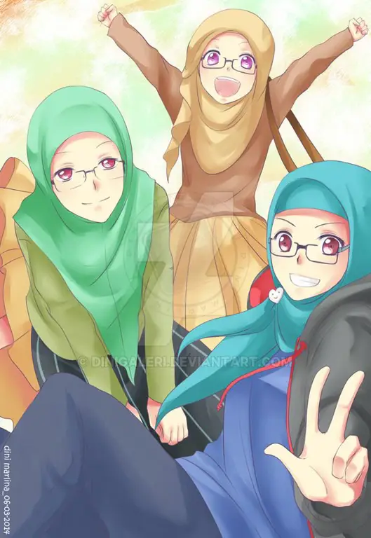 Ilustrasi karakter anime perempuan tomboy berhijab yang kuat dan tangguh