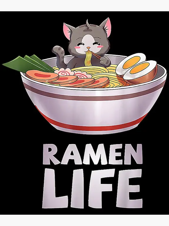 Karakter kucing anime sedang makan ramen