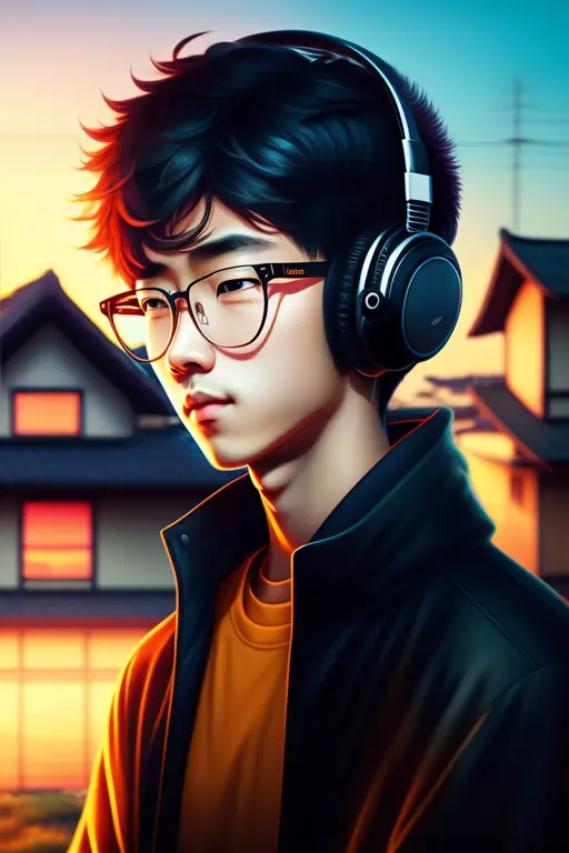 Gambar anime laki-laki ganteng berkacamata dan headphone