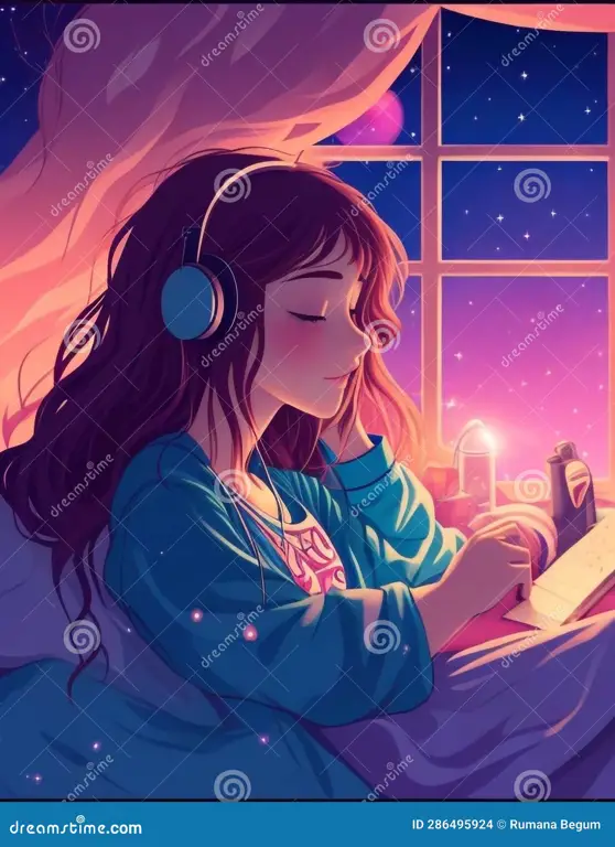 Gambar karakter anime mendengarkan musik