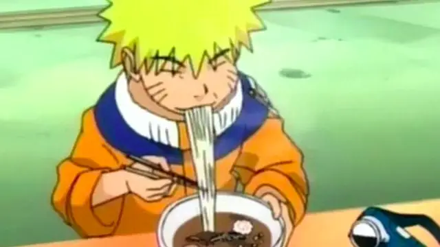 Gambar karakter anime sedang menikmati semangkuk ramen (bisa diganti dengan saimin jika ada gambar yang sesuai).