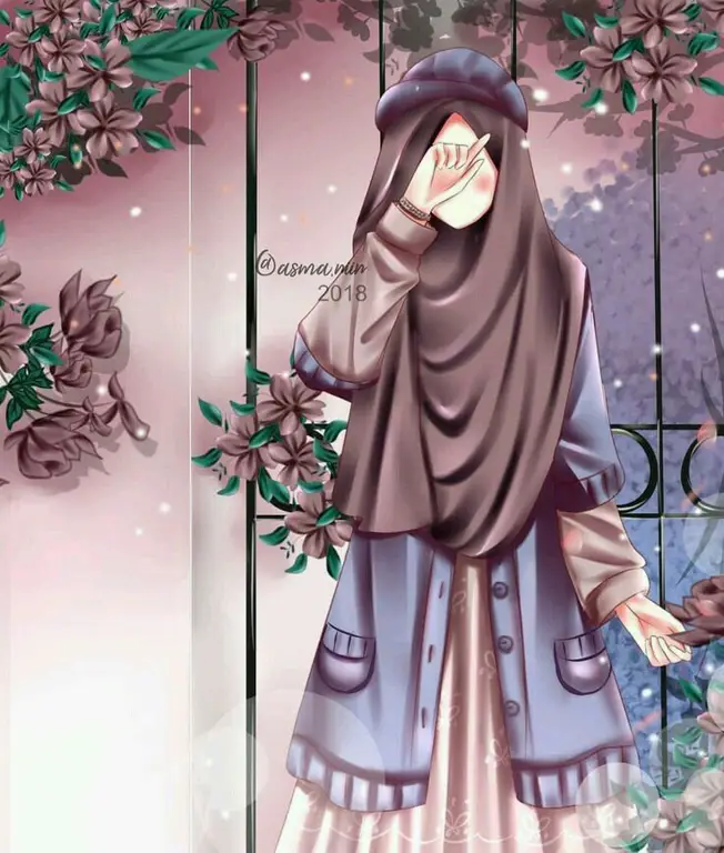 Ilustrasi wanita muslimah kuat dalam anime