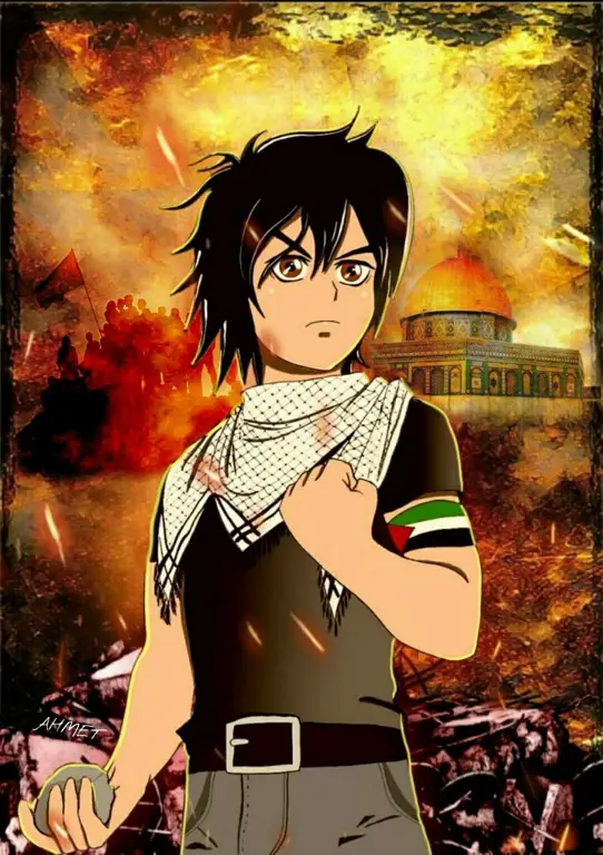 Gambar karakter anime Palestina yang sedang berdemonstrasi