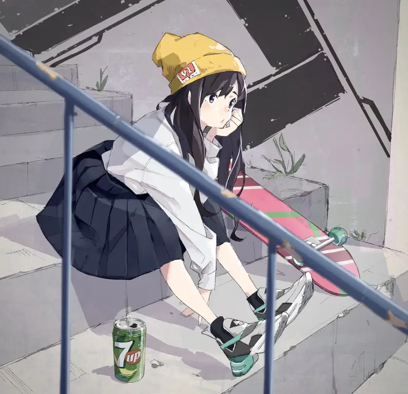 Ilustrasi karakter anime yang sedang bermain skateboard