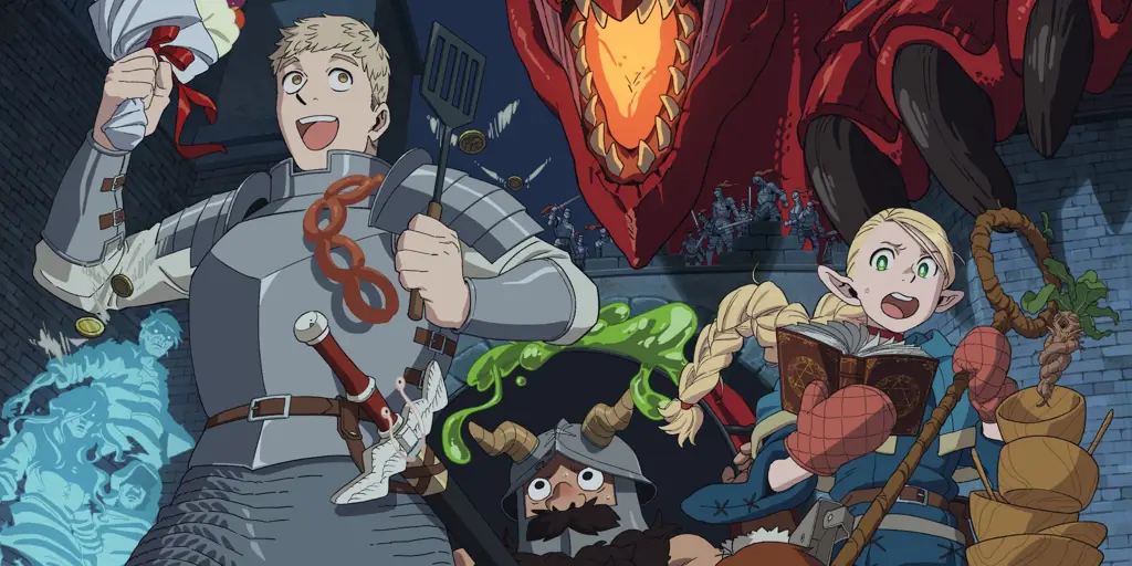 Ilustrasi karakter-karakter dalam anime Delicious in Dungeon