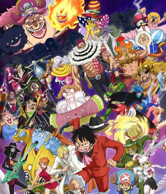 Gambar para karakter One Piece di Whole Cake Island.