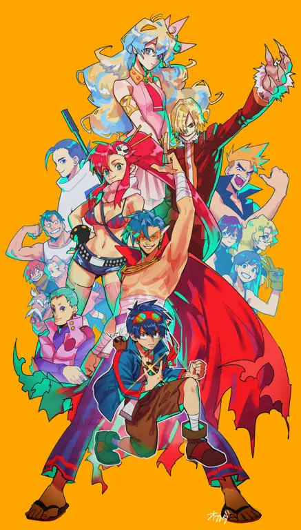 Gambar para karakter Gurren Lagann yang karismatik dan beragam.