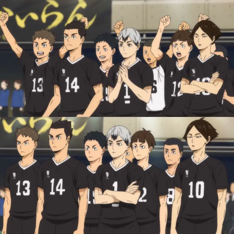 Gambar kolase berbagai karakter Haikyuu!!, termasuk Lev Haiba