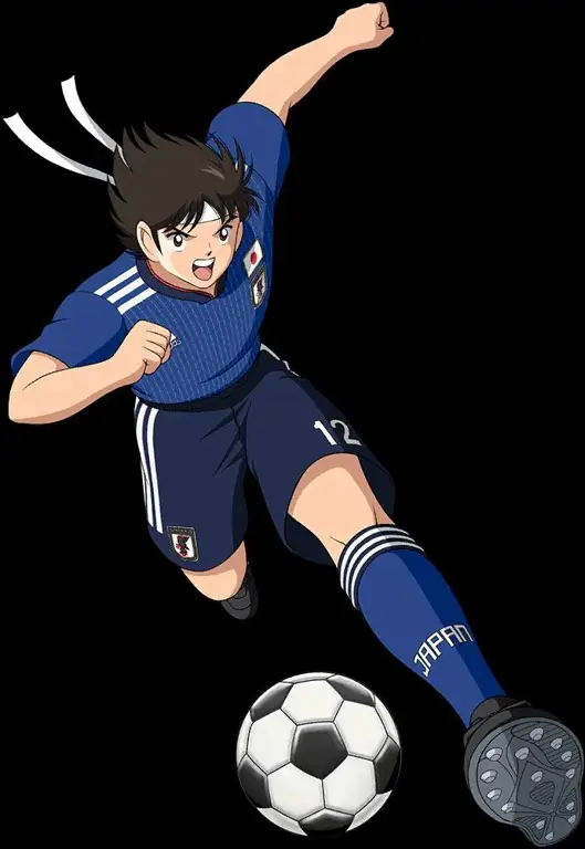 Gambar karakter-karakter ikonik Captain Tsubasa seperti Tsubasa Ozora, Kojiro Hyuga, dan Genzo Wakabayashi.