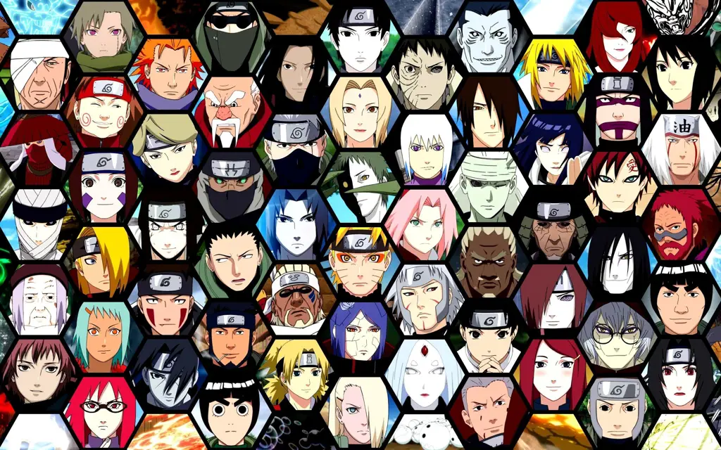 Gambar para karakter utama Naruto Shippuden seperti Naruto, Sasuke, Sakura, dan Kakashi