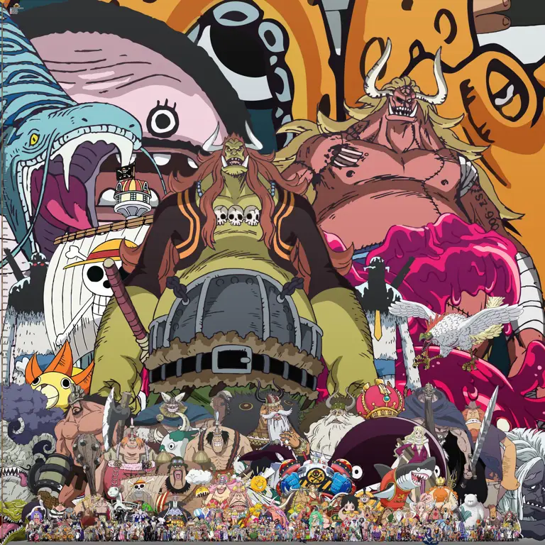 Gambar yang menampilkan karakter-karakter utama One Piece