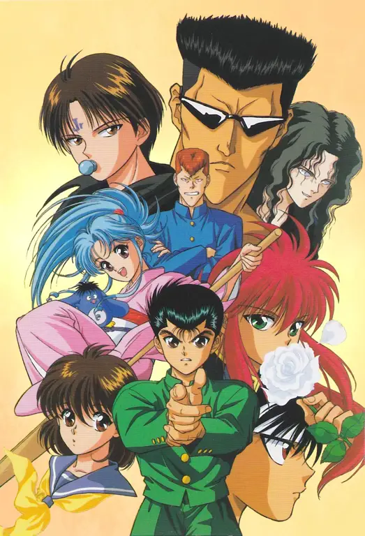 Gambar karakter utama Yu Yu Hakusho: Yusuke, Kurama, Hiei, dan Kuwabara.